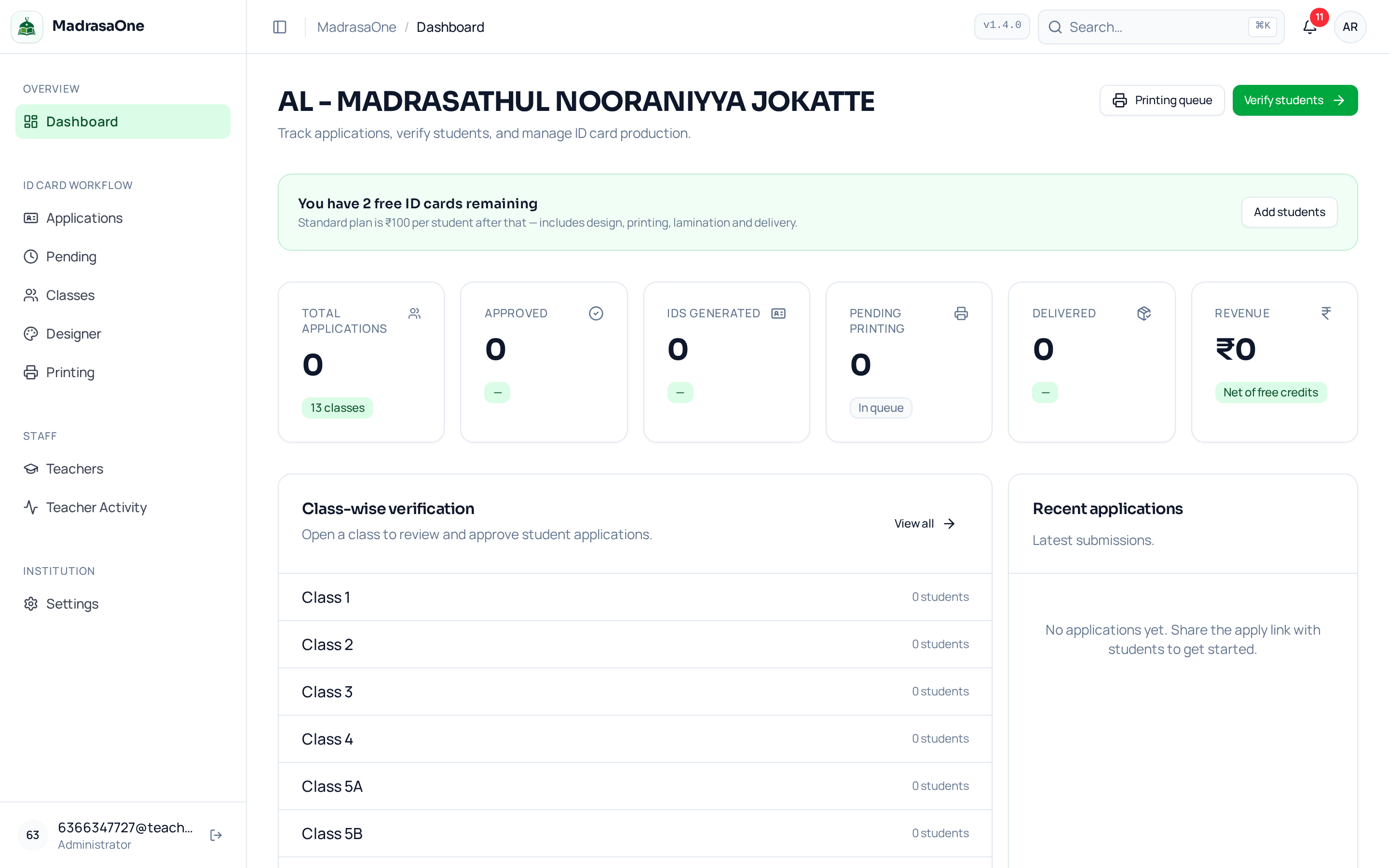 MadrasaOne administrator dashboard showing class-wise verification and application queue
