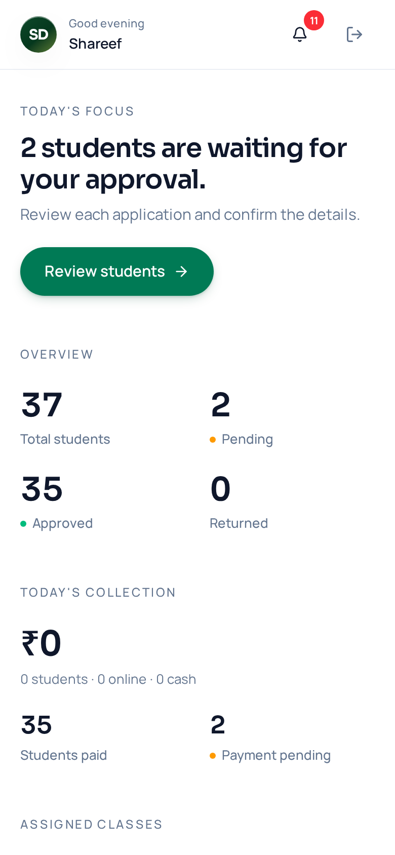 Teacher portal home on mobile — Today's focus with pending student approvals