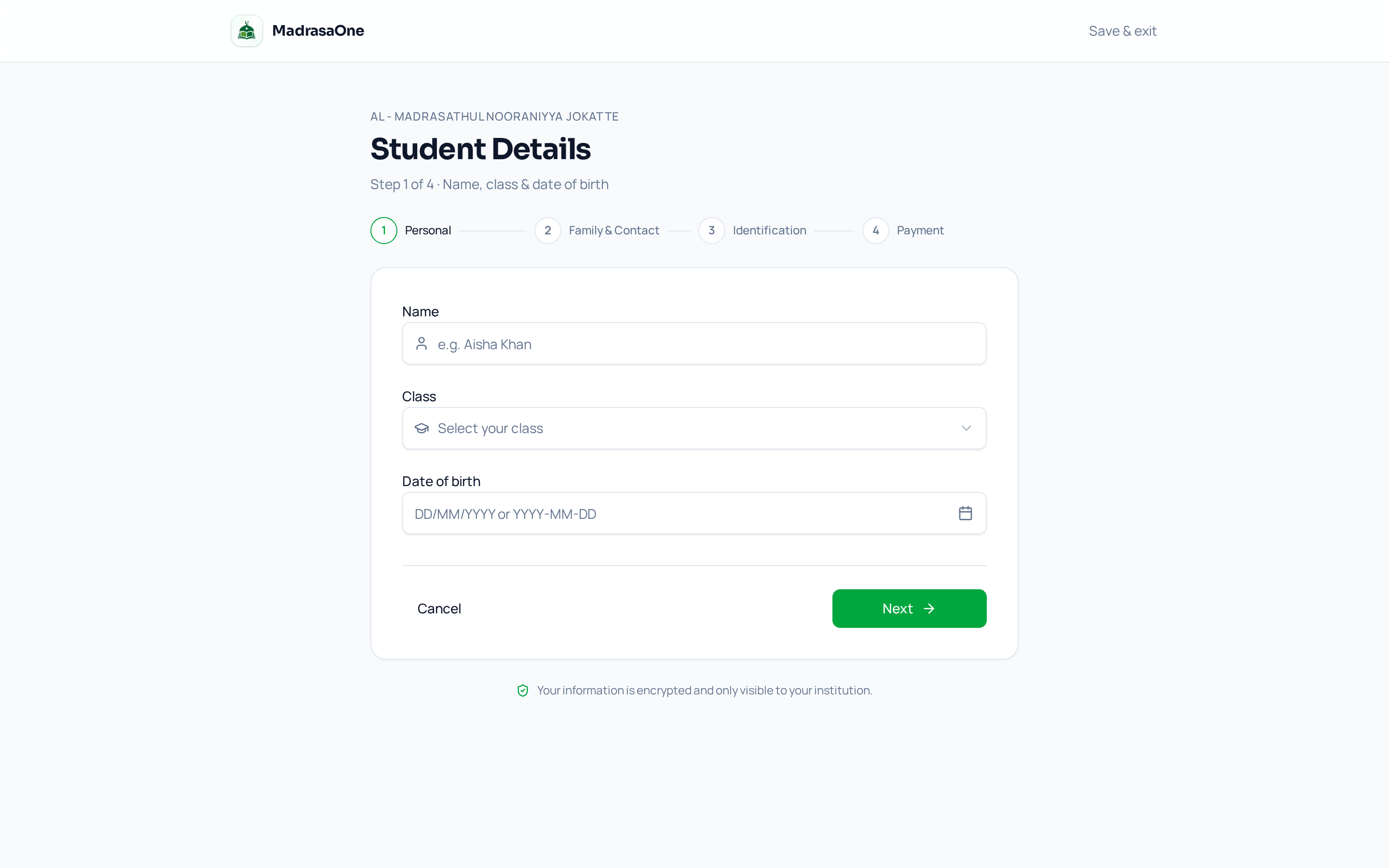 Student application flow — step 1 of 4, name, class and date of birth