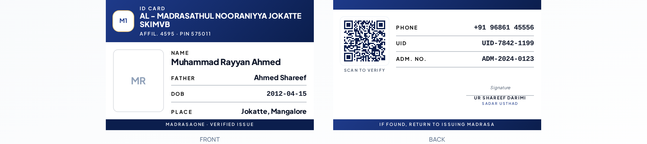 MadrasaOne CR-80 ID card — front and back, showing name, class, DOB, QR code and signature
